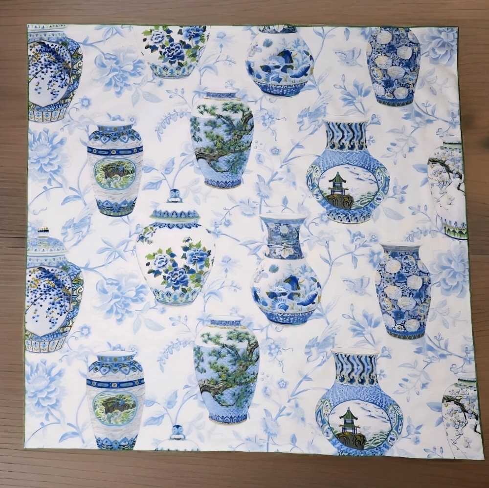 Custom Chinoiserie Ginger Jar Table Topper – 100% Cotton – Green Piping & Tassel - Picture 2 of 10